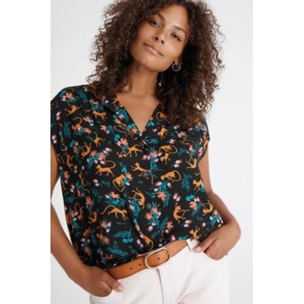 Maeve Anthropologie Monkey Floral Print Button Down Cap Sleeve Blouse Black S